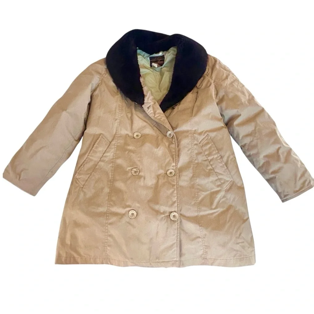 Eddie Bauer Vtg Goose Down Tan Double-Breasted Coat Faux Fur Collar Womens L USA